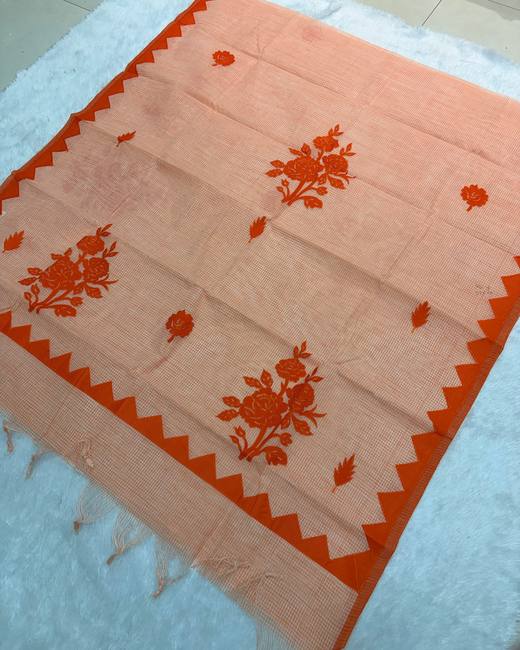 Applique Floral Bengal Tant Saree in Peach with Rust