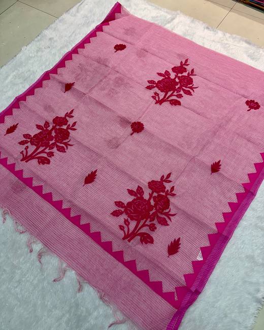 Applique Floral Bengal Tant Saree in Pink with Rani