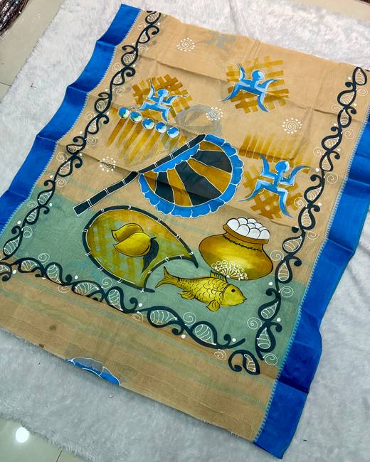 Hand-Painted Bengal Tant Saree in Beige with Blue