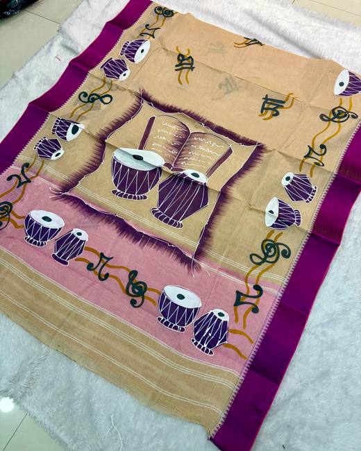 Hand-Painted Bengal Tant Saree in Beige with Purple
