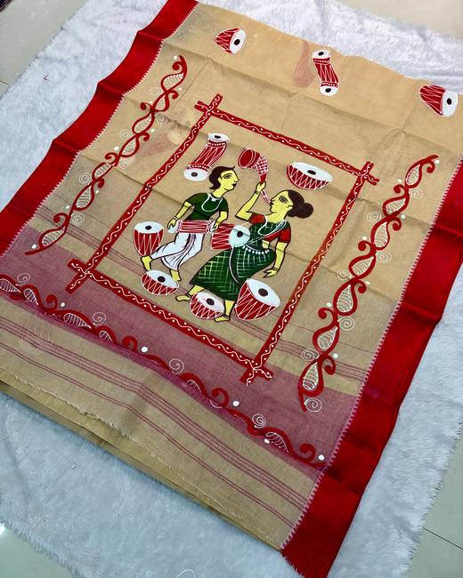 Hand-Painted Bengal Tant Saree in Beige with Red