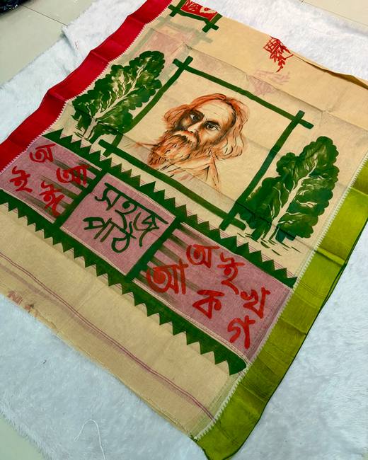 Hand-Painted Bengal Tant Saree in Cream with Green
