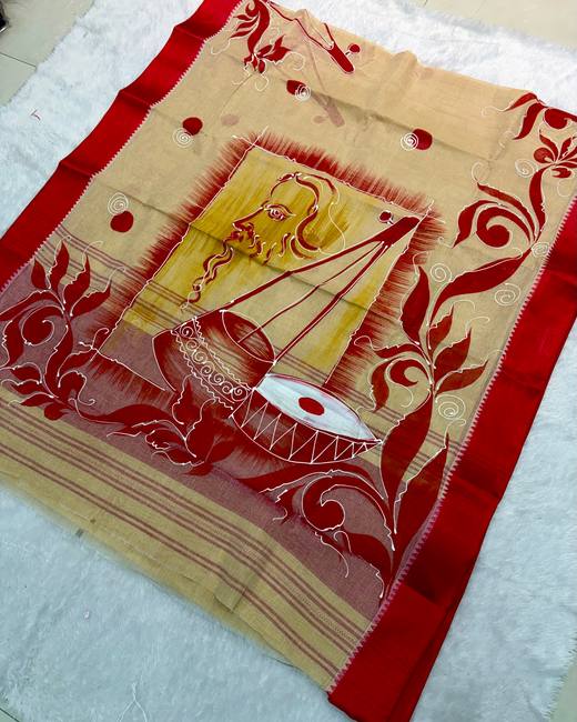 Hand-Painted Bengal Tant Saree in Cream with Maroon