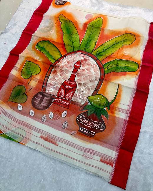 Hand-Painted Bengal Tant Saree in Cream with Red