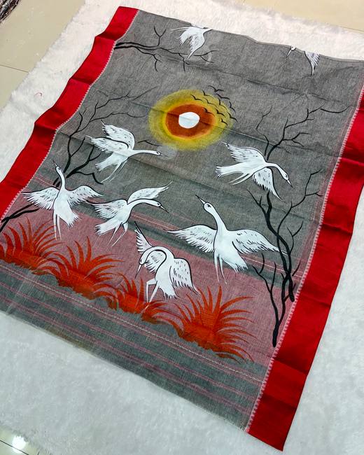 Hand-Painted Bengal Tant Saree in Grey with Red