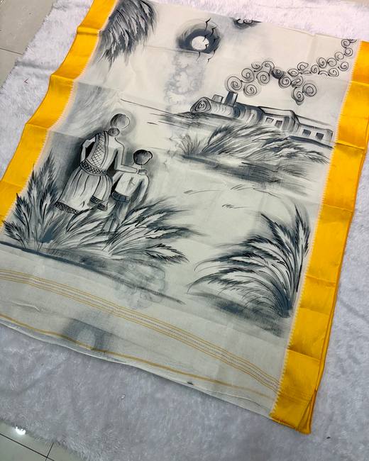 Hand-Painted Bengal Tant Saree in Ivory with Yellow