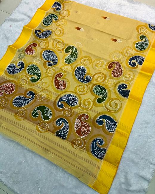 Hand-Painted Bengal Tant Saree in Mustard with Yellow
