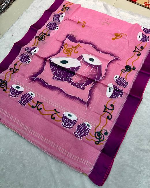 Hand-Painted Bengal Tant Saree in Pink with Purple