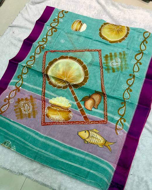 Hand-Painted Bengal Tant Saree in Teal with Purple