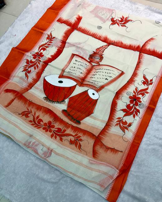 Hand-Painted Bengal Tant Saree in Cream with Orange