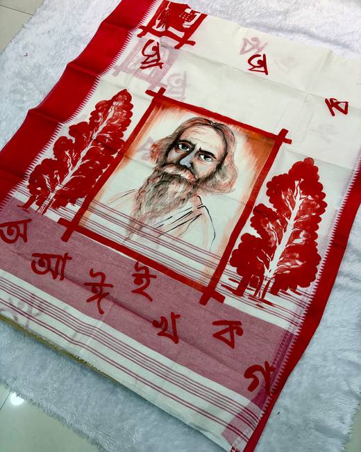 Hand-Painted Bengal Tant Saree in Ivory with Red
