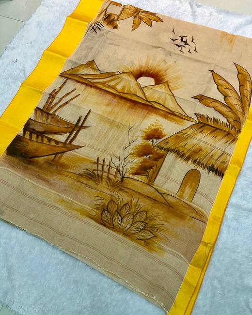 Hand-Painted Bengal Tant Saree in Beige with Yellow