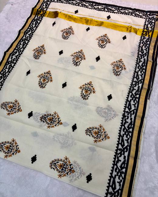 Hand-Painted Baapta Tassar Saree in Ivory with Black