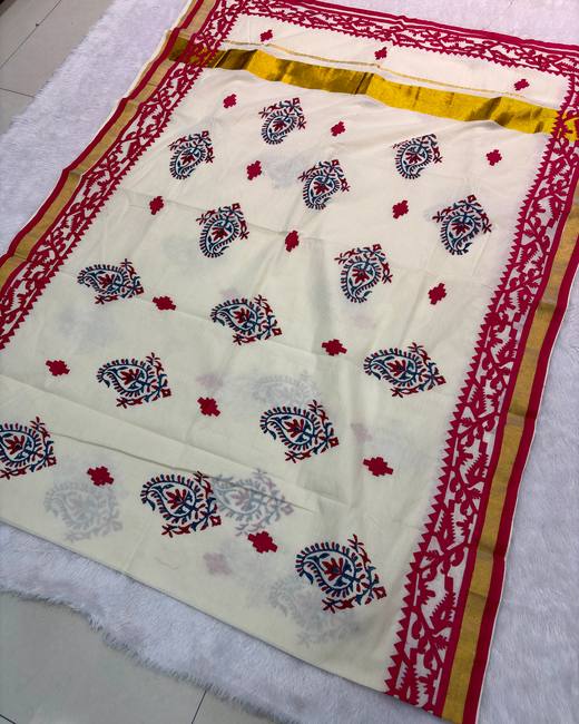 Hand-Painted Baapta Tassar Saree in Ivory with Red
