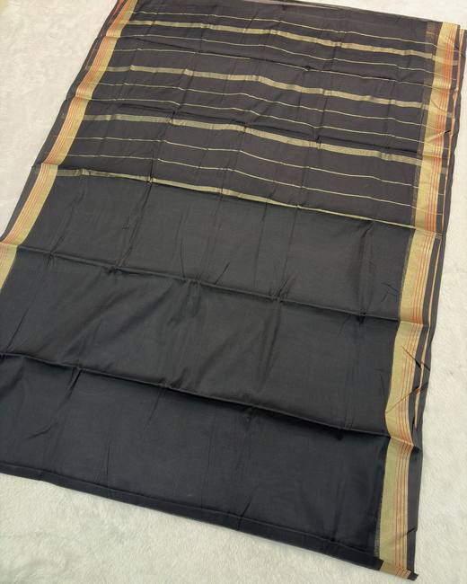 Mangalgiri Cotton Saree with Slim Border in Black with Gold