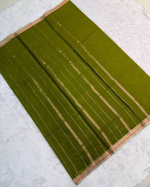 Mangalgiri Cotton Saree with Slim Border in Olive with Gold