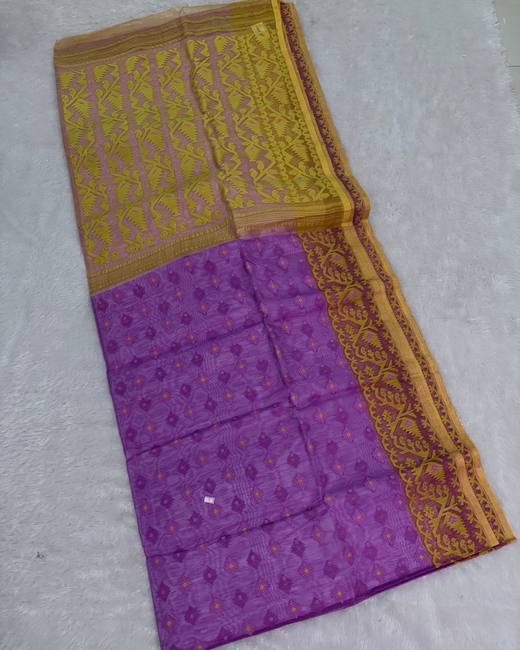 Resham Dhakai Jamdani Saree in Beige with Purple
