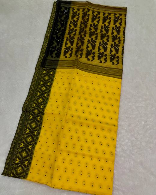 Resham Dhakai Jamdani Saree in Black with Yellow