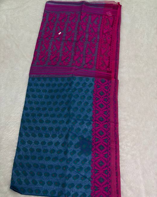 Resham Dhakai Jamdani Saree in Magenta with Blue
