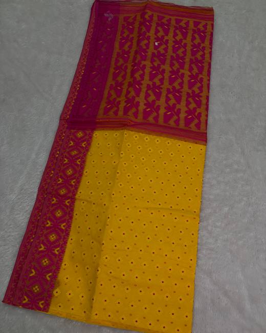 Resham Dhakai Jamdani Saree in Magenta with Mustard