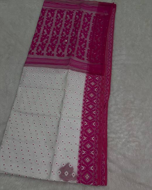 Resham Dhakai Jamdani Saree in Magenta with White