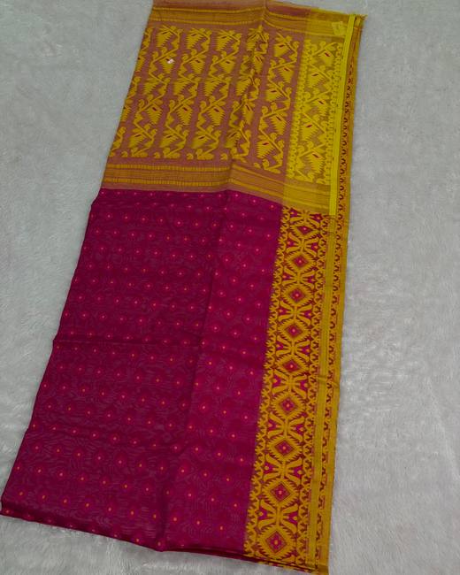 Resham Dhakai Jamdani Saree in Mustard with Magenta