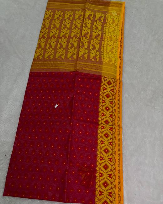 Resham Dhakai Jamdani Saree in Mustard with Red