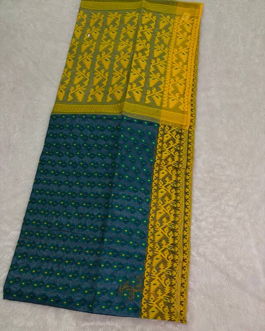 Resham Dhakai Jamdani Saree in Olive with Teal