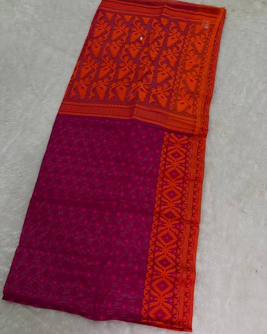 Resham Dhakai Jamdani Saree in Orange with Magenta