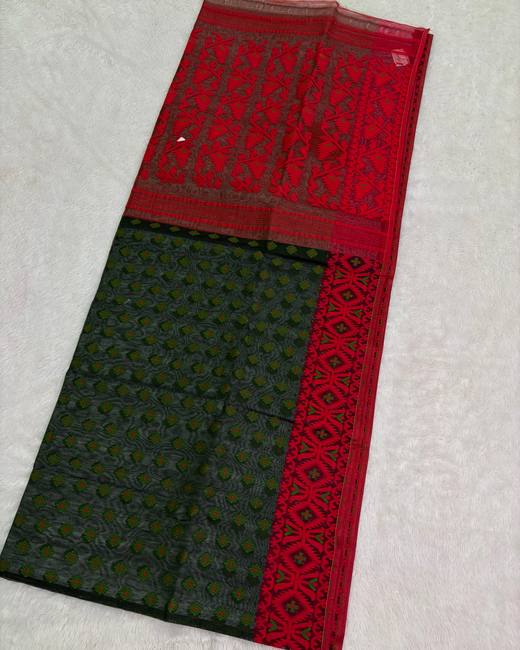 Resham Dhakai Jamdani Saree in Red with BottleGreen