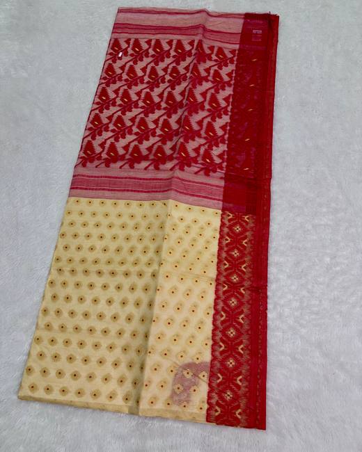 Resham Dhakai Jamdani Saree in Red with Cream