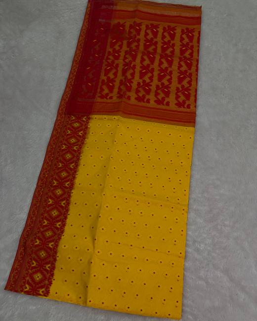 Resham Dhakai Jamdani Saree in Red with Mustard