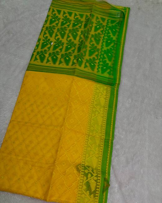 Dhakai Jamdani Saree in Green with Yellow