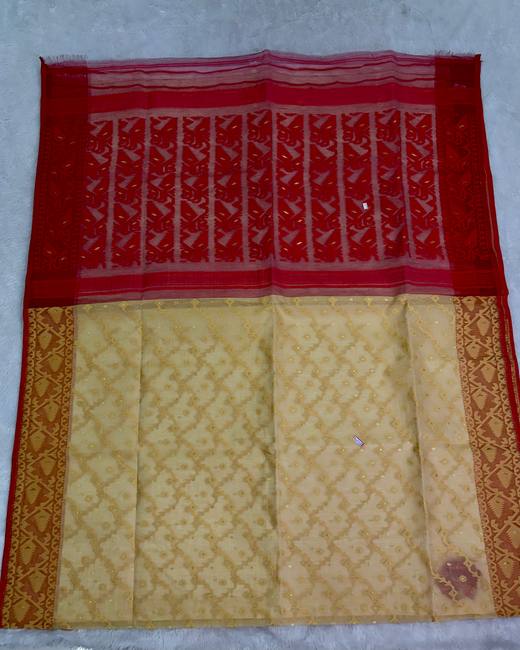 Dhakai Jamdani Saree in Red with Cream