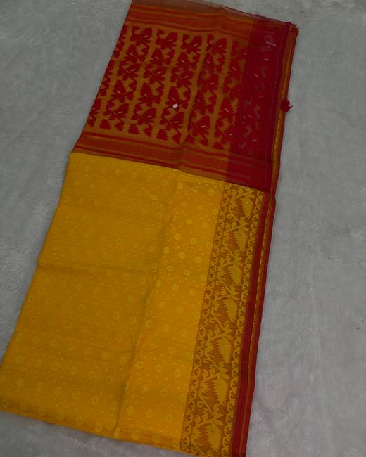 Dhakai Jamdani Saree in Red with Mustard