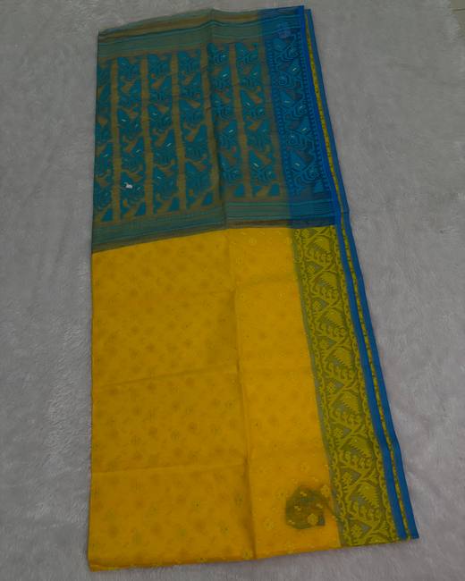 Dhakai Jamdani Saree in Teal with Yellow