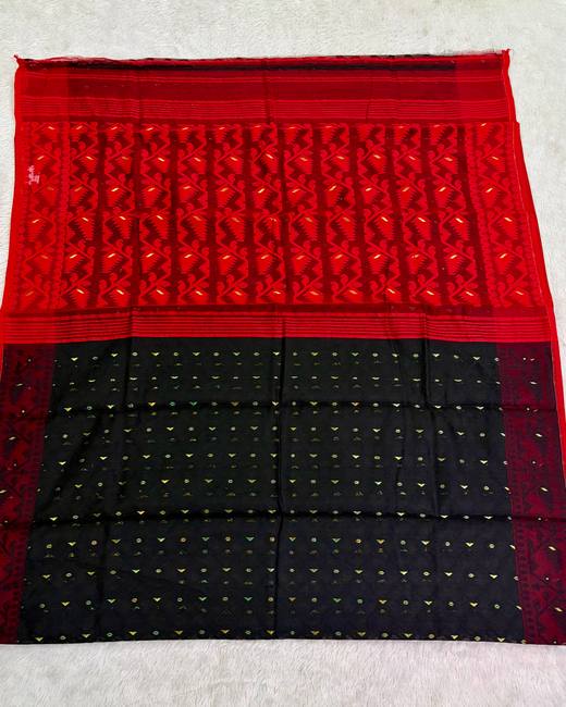 Soft Dhakai Jamdani Saree in Red with Black