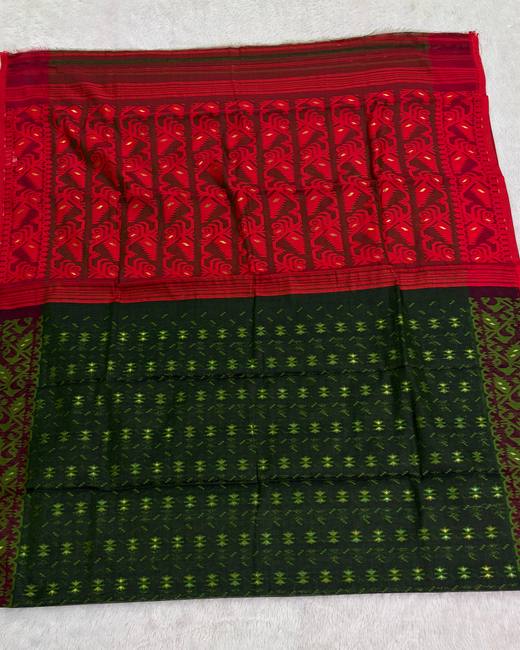 Soft Dhakai Jamdani Saree in Red with BottleGreen