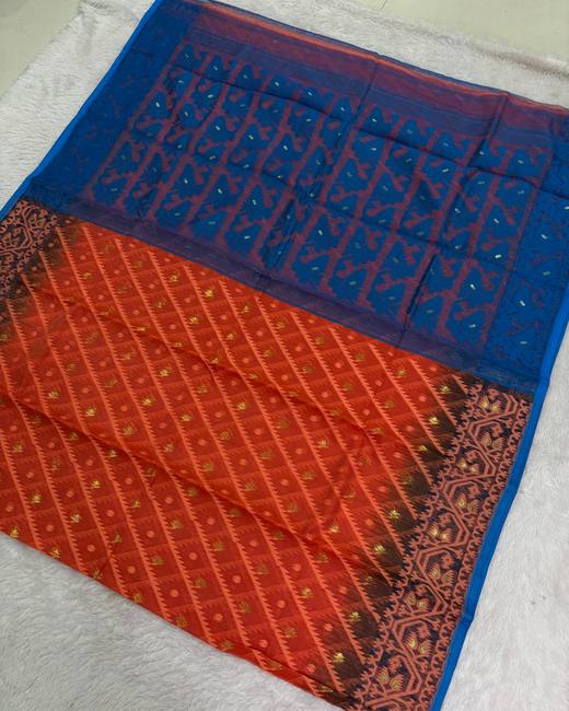 Soft Dhakai Jamdani Saree with Ikkat Border in Blue with Orange