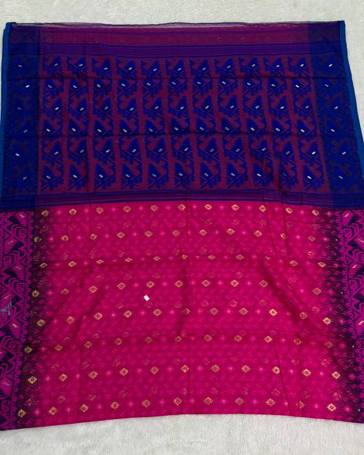 Soft Dhakai Jamdani Saree with Ikkat Border in Blue with Rani
