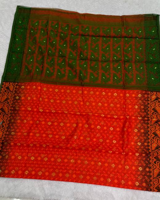 Soft Dhakai Jamdani Saree with Ikkat Border in BottleGreen with Orange