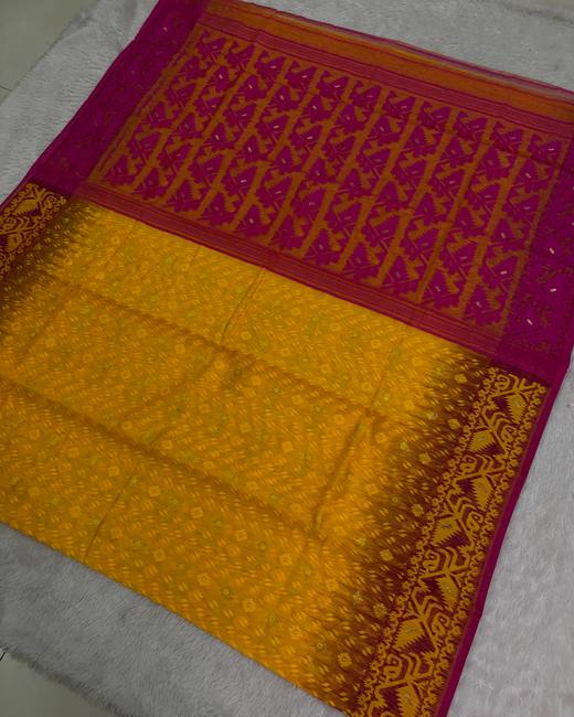 Soft Dhakai Jamdani Saree with Ikkat Border in Magenta with Mustard