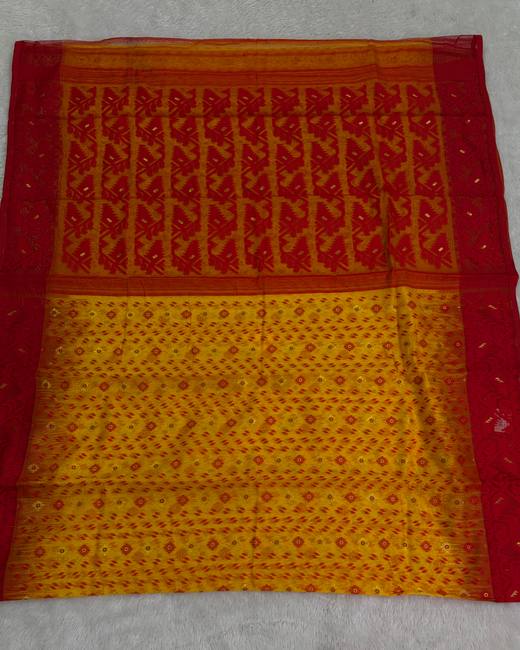 Soft Dhakai Jamdani Saree with Ikkat Border in Red with Mustard