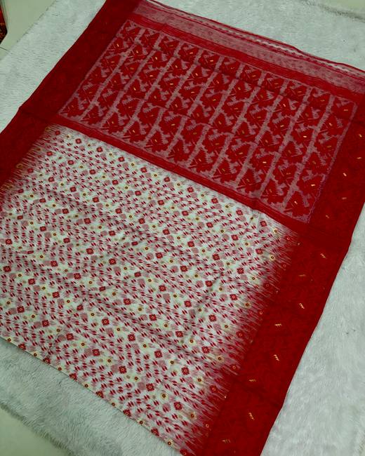 Soft Dhakai Jamdani Saree with Ikkat Border in Red with White