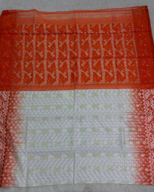 Soft Dhakai Jamdani Saree with Ikkat Border in Rust with Cream