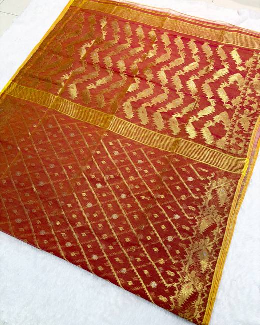 Koraat Work Dhakai Jamdani Saree in Rust with Gold