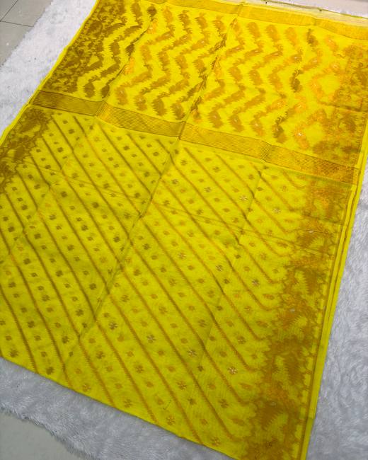 Koraat Work Dhakai Jamdani Saree in Yellow with Gold