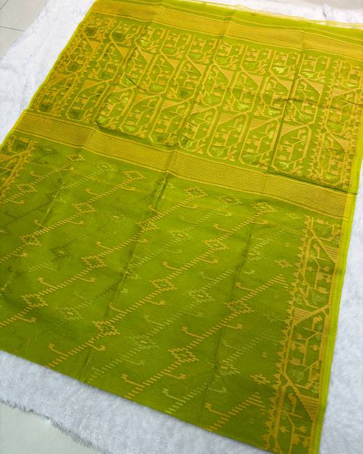Koraat Work Dhakai Jamdani Saree in Lime with Gold