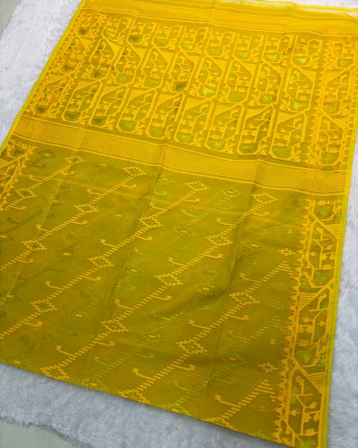 Koraat Work Dhakai Jamdani Saree in Yellow with Gold