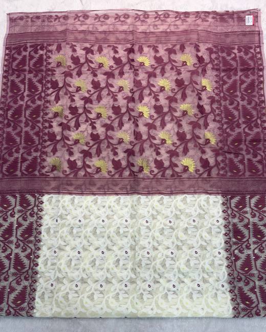 Lata Work Dhakai Jamdani Saree in Ivory with Mauve